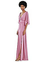 Side View Thumbnail - Powder Pink Asymmetric Bell Sleeve Wrap Maxi Dress with Front Slit