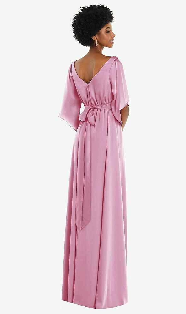 Back View - Powder Pink Asymmetric Bell Sleeve Wrap Maxi Dress with Front Slit