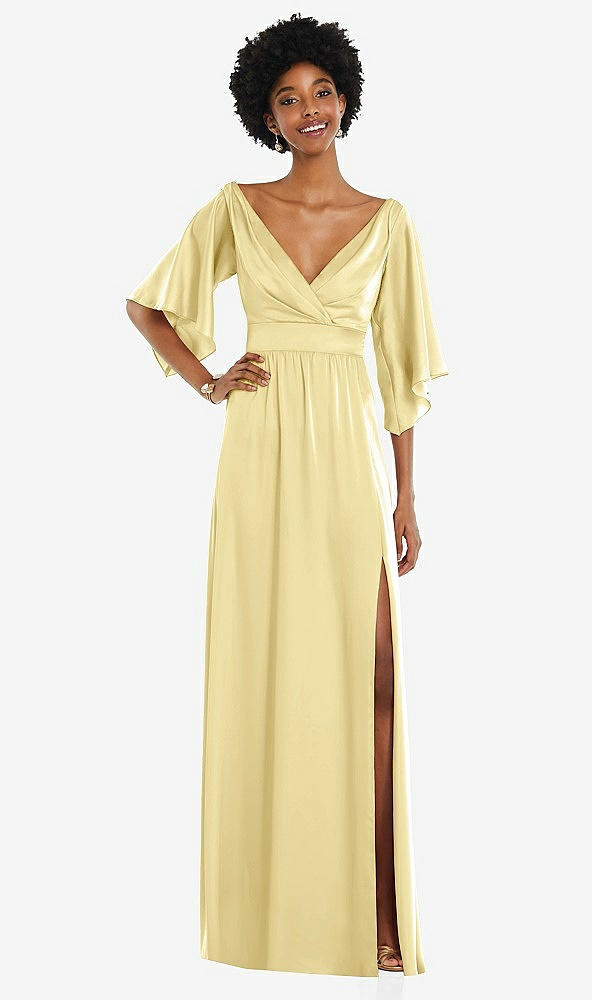 Front View - Pale Yellow Asymmetric Bell Sleeve Wrap Maxi Dress with Front Slit
