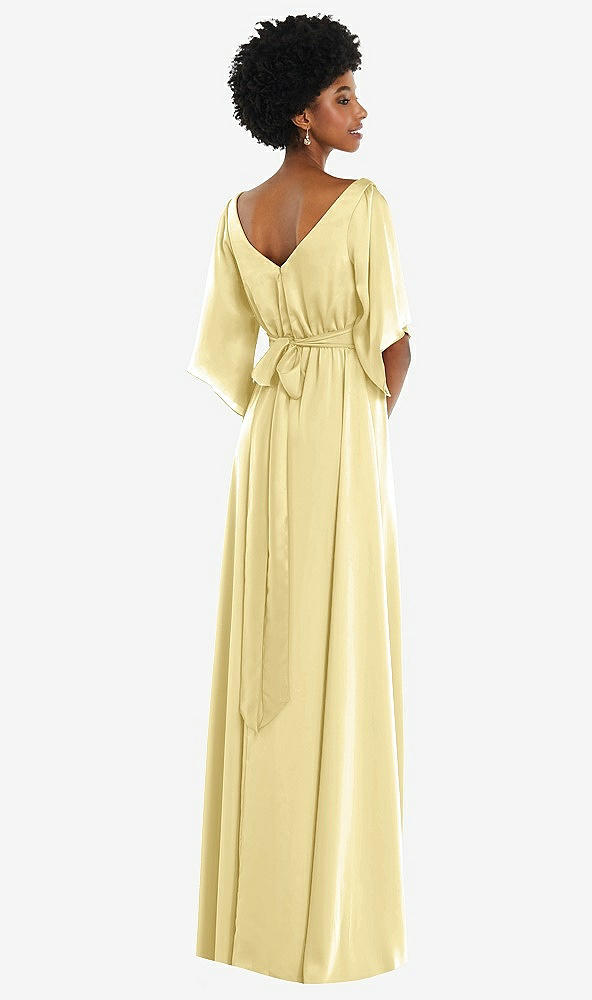 Back View - Pale Yellow Asymmetric Bell Sleeve Wrap Maxi Dress with Front Slit