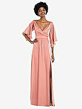 Front View Thumbnail - Rose - PANTONE Rose Quartz Asymmetric Bell Sleeve Wrap Maxi Dress with Front Slit