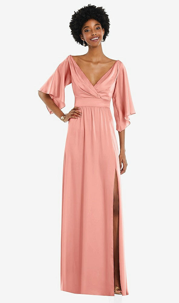 Front View - Rose - PANTONE Rose Quartz Asymmetric Bell Sleeve Wrap Maxi Dress with Front Slit