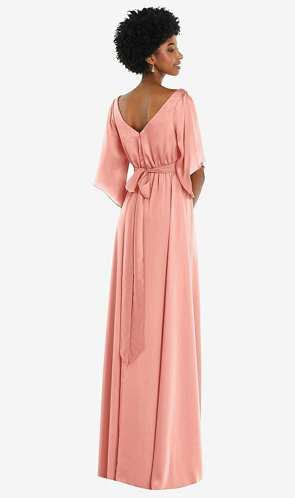 Back View - Rose - PANTONE Rose Quartz Asymmetric Bell Sleeve Wrap Maxi Dress with Front Slit