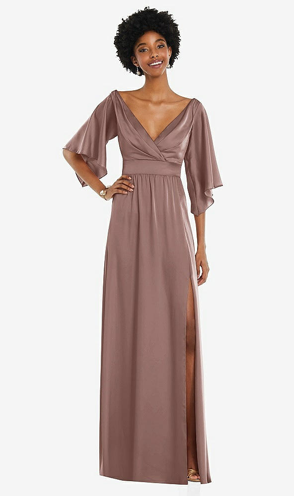 Front View - Sienna Asymmetric Bell Sleeve Wrap Maxi Dress with Front Slit