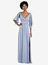 Front View Thumbnail - Sky Blue Asymmetric Bell Sleeve Wrap Maxi Dress with Front Slit
