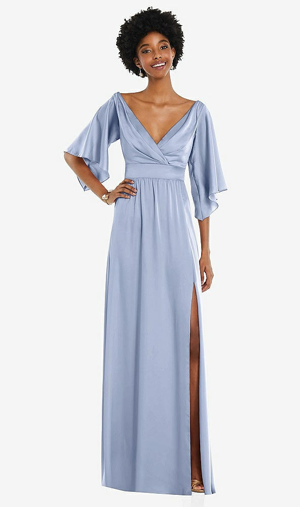 Front View - Sky Blue Asymmetric Bell Sleeve Wrap Maxi Dress with Front Slit