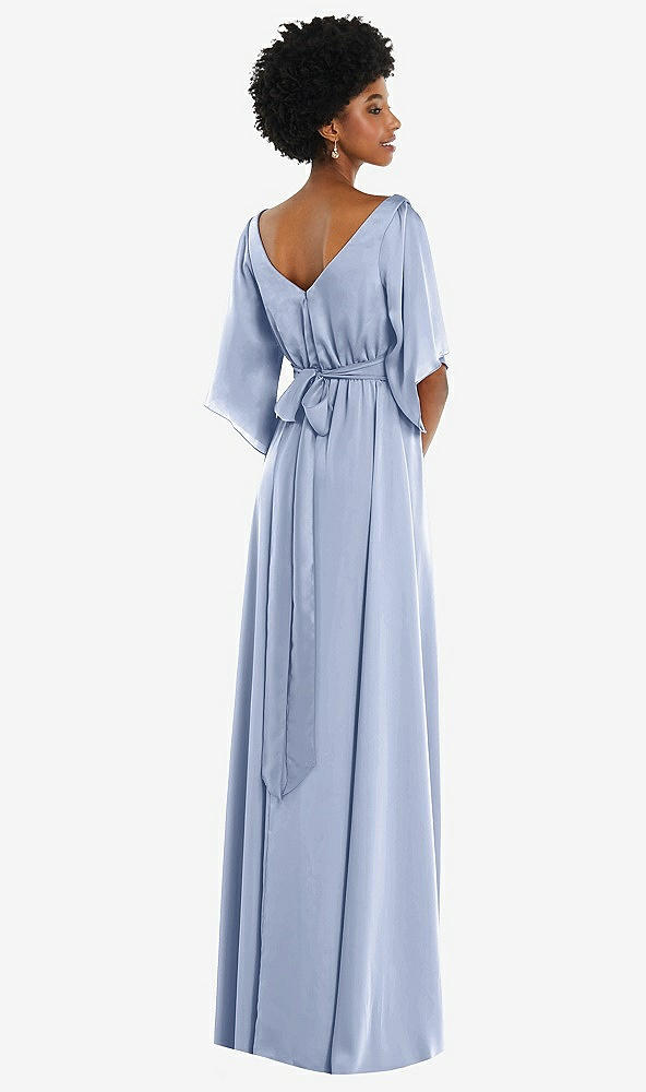 Back View - Sky Blue Asymmetric Bell Sleeve Wrap Maxi Dress with Front Slit