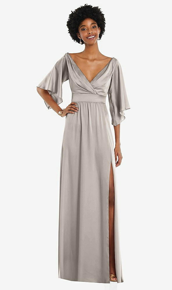 Front View - Taupe Asymmetric Bell Sleeve Wrap Maxi Dress with Front Slit