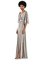 Side View Thumbnail - Taupe Asymmetric Bell Sleeve Wrap Maxi Dress with Front Slit