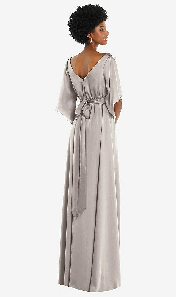 Back View - Taupe Asymmetric Bell Sleeve Wrap Maxi Dress with Front Slit
