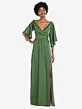 Front View Thumbnail - Vineyard Green Asymmetric Bell Sleeve Wrap Maxi Dress with Front Slit