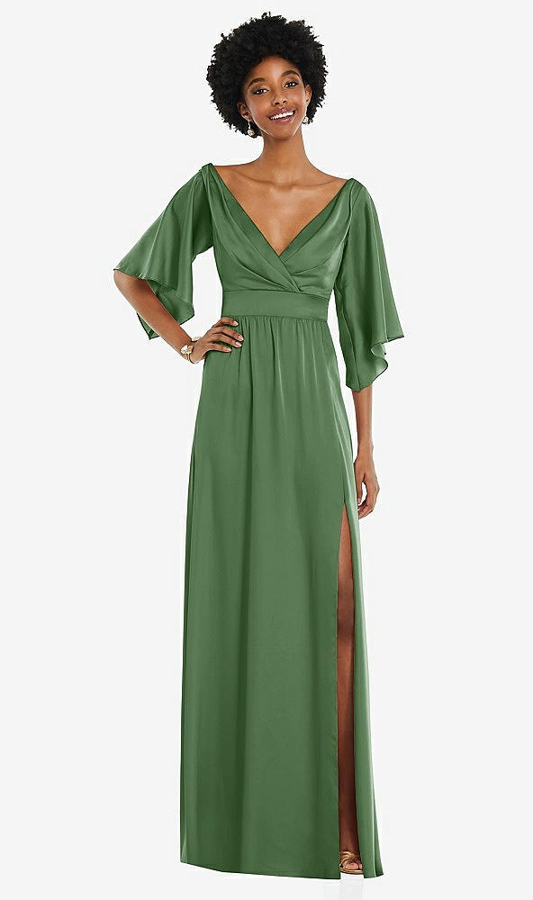 Front View - Vineyard Green Asymmetric Bell Sleeve Wrap Maxi Dress with Front Slit