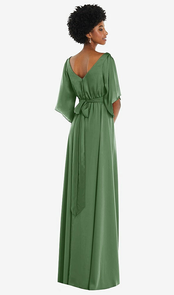 Back View - Vineyard Green Asymmetric Bell Sleeve Wrap Maxi Dress with Front Slit