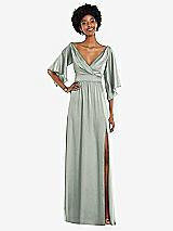 Front View Thumbnail - Willow Green Asymmetric Bell Sleeve Wrap Maxi Dress with Front Slit