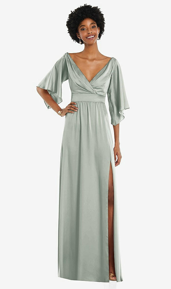 Front View - Willow Green Asymmetric Bell Sleeve Wrap Maxi Dress with Front Slit