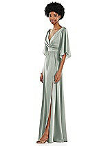 Side View Thumbnail - Willow Green Asymmetric Bell Sleeve Wrap Maxi Dress with Front Slit