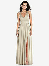 Front View Thumbnail - Champagne Shirred Shoulder Criss Cross Back Maxi Dress with Front Slit