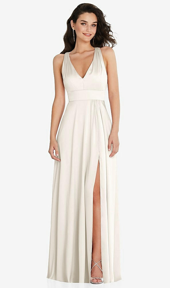 Front View - Ivory Shirred Shoulder Criss Cross Back Maxi Dress with Front Slit
