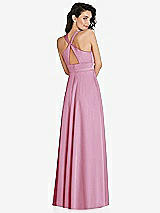 Rear View Thumbnail - Powder Pink Shirred Shoulder Criss Cross Back Maxi Dress with Front Slit