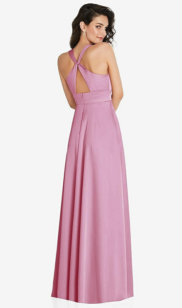 Back View - Powder Pink Shirred Shoulder Criss Cross Back Maxi Dress with Front Slit