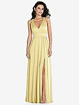 Front View Thumbnail - Pale Yellow Shirred Shoulder Criss Cross Back Maxi Dress with Front Slit