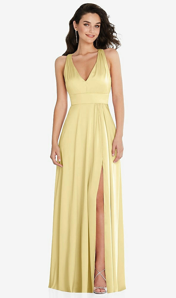 Front View - Pale Yellow Shirred Shoulder Criss Cross Back Maxi Dress with Front Slit