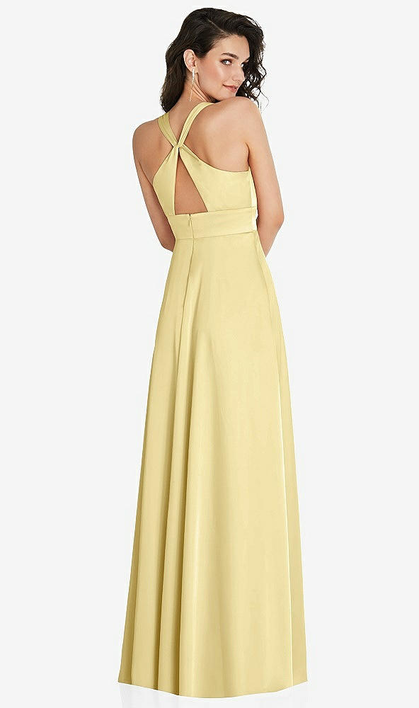 Back View - Pale Yellow Shirred Shoulder Criss Cross Back Maxi Dress with Front Slit