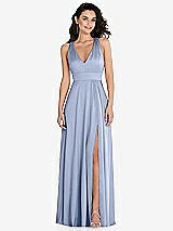 Front View Thumbnail - Sky Blue Shirred Shoulder Criss Cross Back Maxi Dress with Front Slit