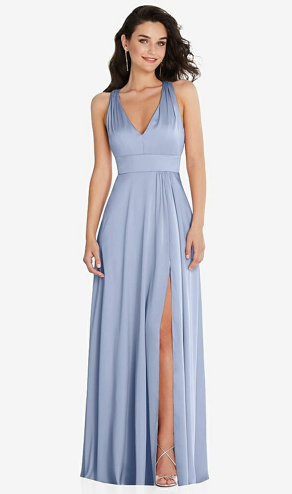 Front View - Sky Blue Shirred Shoulder Criss Cross Back Maxi Dress with Front Slit