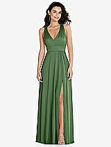 Front View Thumbnail - Vineyard Green Shirred Shoulder Criss Cross Back Maxi Dress with Front Slit