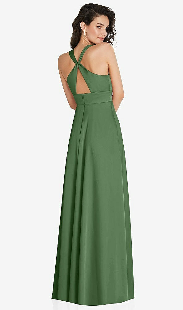 Back View - Vineyard Green Shirred Shoulder Criss Cross Back Maxi Dress with Front Slit