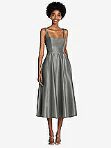 Front View Thumbnail - Charcoal Gray Square Neck Full Skirt Satin Midi Dress with Pockets