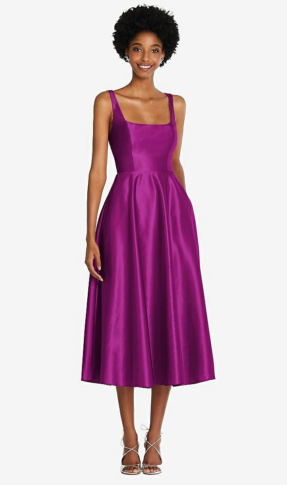 Front View - Persian Plum Square Neck Full Skirt Satin Midi Dress with Pockets