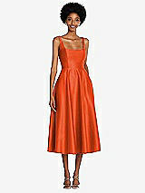 Front View Thumbnail - Tangerine Tango Square Neck Full Skirt Satin Midi Dress with Pockets