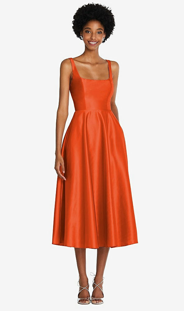 Front View - Tangerine Tango Square Neck Full Skirt Satin Midi Dress with Pockets
