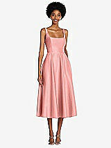 Front View Thumbnail - Apricot Square Neck Full Skirt Satin Midi Dress with Pockets