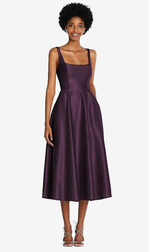 Front View - Aubergine Square Neck Full Skirt Satin Midi Dress with Pockets