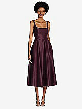 Front View Thumbnail - Bordeaux Square Neck Full Skirt Satin Midi Dress with Pockets
