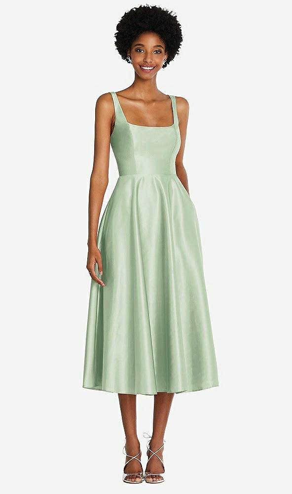 Front View - Celadon Square Neck Full Skirt Satin Midi Dress with Pockets