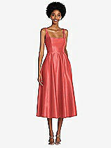 Front View Thumbnail - Perfect Coral Square Neck Full Skirt Satin Midi Dress with Pockets