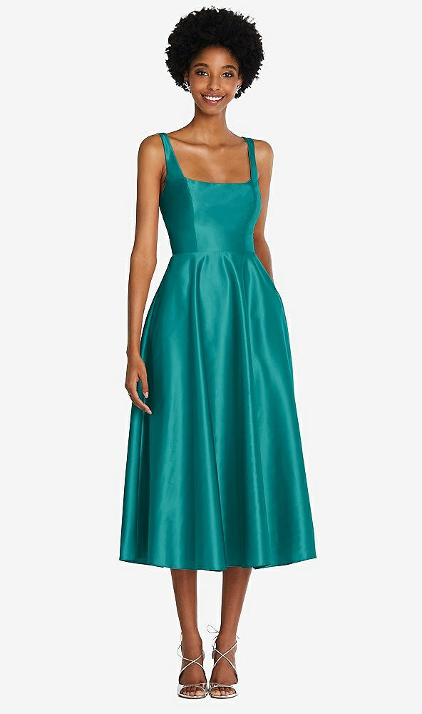 Front View - Jade Square Neck Full Skirt Satin Midi Dress with Pockets