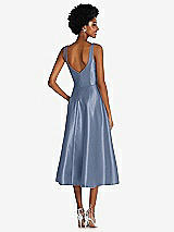 Rear View Thumbnail - Larkspur Blue Square Neck Full Skirt Satin Midi Dress with Pockets
