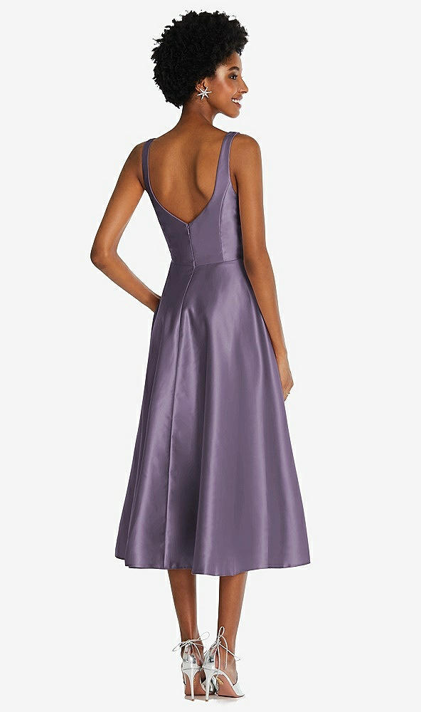Back View - Lavender Square Neck Full Skirt Satin Midi Dress with Pockets