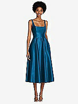Front View Thumbnail - Ocean Blue Square Neck Full Skirt Satin Midi Dress with Pockets