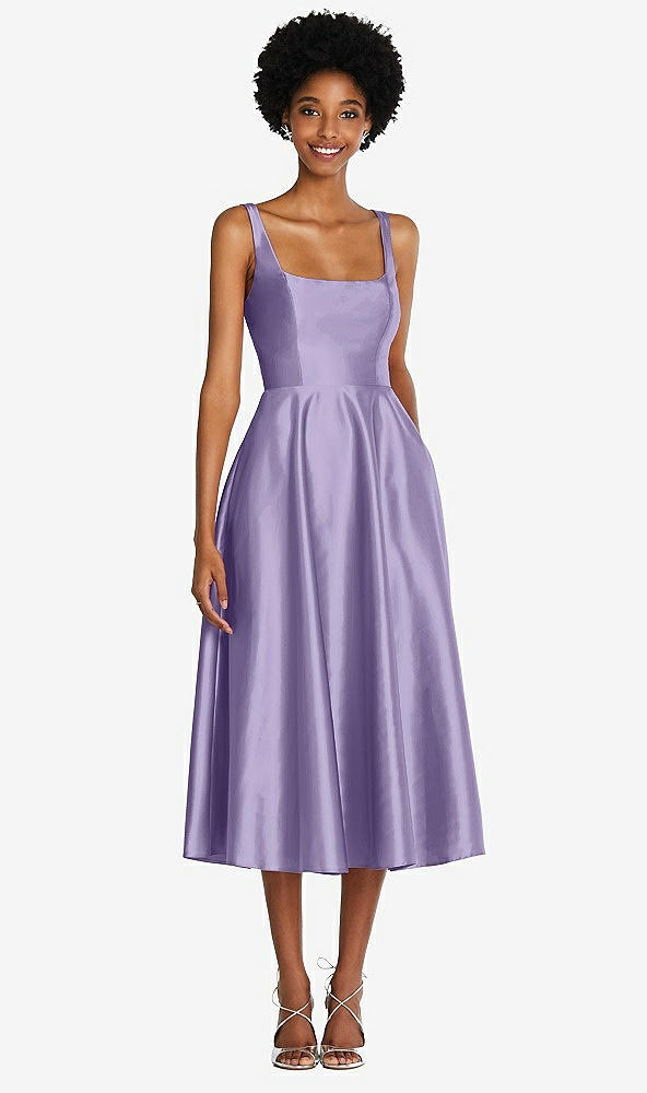 Front View - Passion Square Neck Full Skirt Satin Midi Dress with Pockets