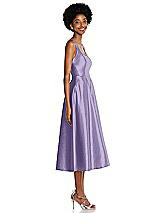Side View Thumbnail - Passion Square Neck Full Skirt Satin Midi Dress with Pockets
