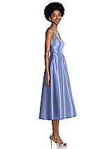 Side View Thumbnail - Periwinkle - PANTONE Serenity Square Neck Full Skirt Satin Midi Dress with Pockets