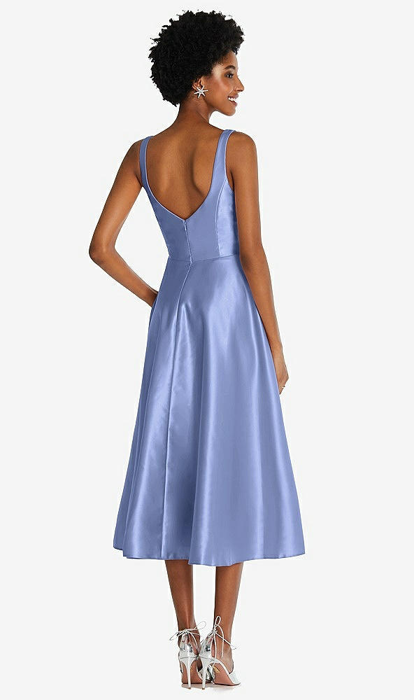 Back View - Periwinkle - PANTONE Serenity Square Neck Full Skirt Satin Midi Dress with Pockets