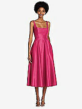 Front View Thumbnail - Posie Square Neck Full Skirt Satin Midi Dress with Pockets