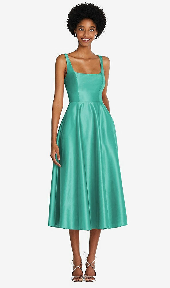 Front View - Pantone Turquoise Square Neck Full Skirt Satin Midi Dress with Pockets